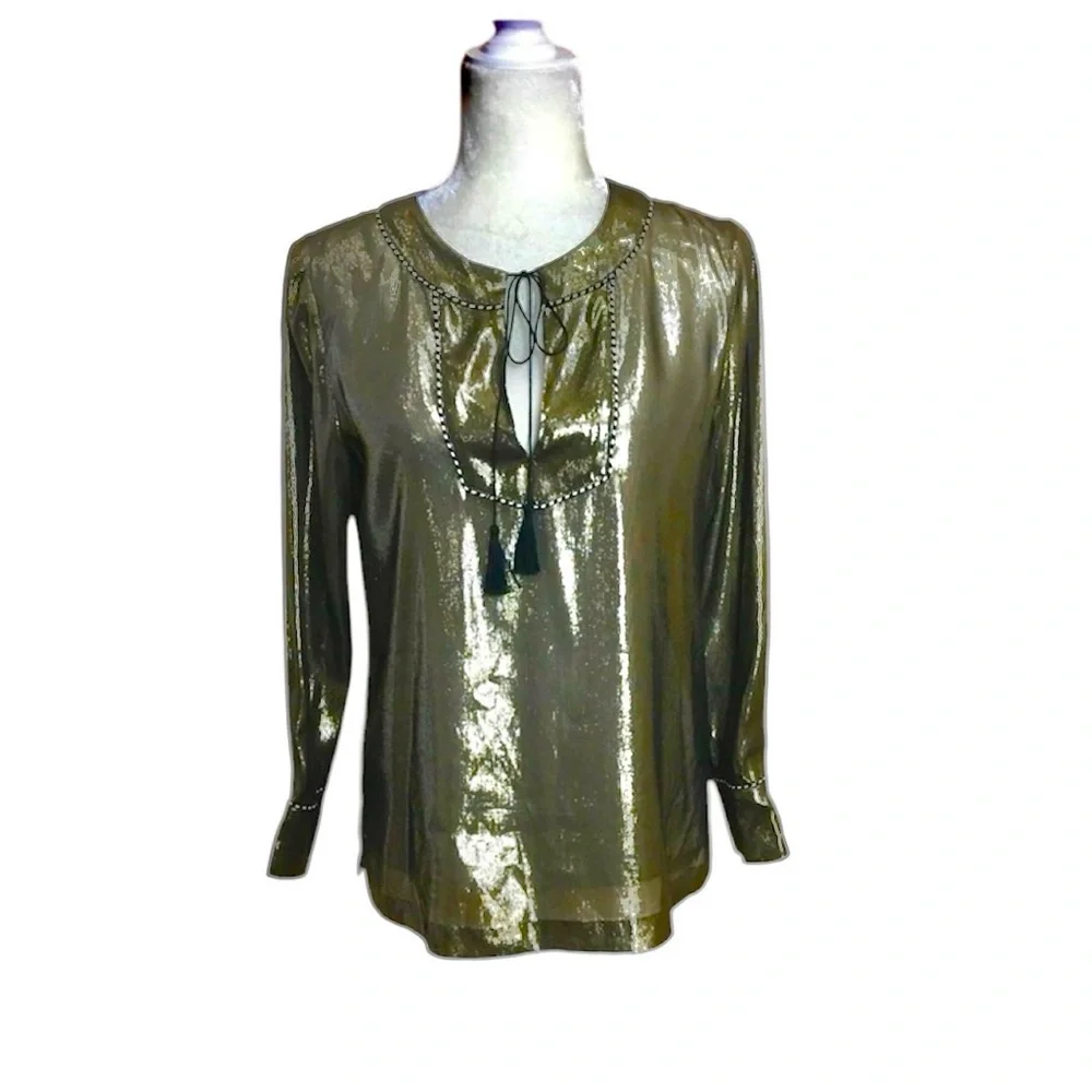 J. Crew Silk Gold Metallic Shimmer Front Tie Tunic Size 0 Runs Big NEW